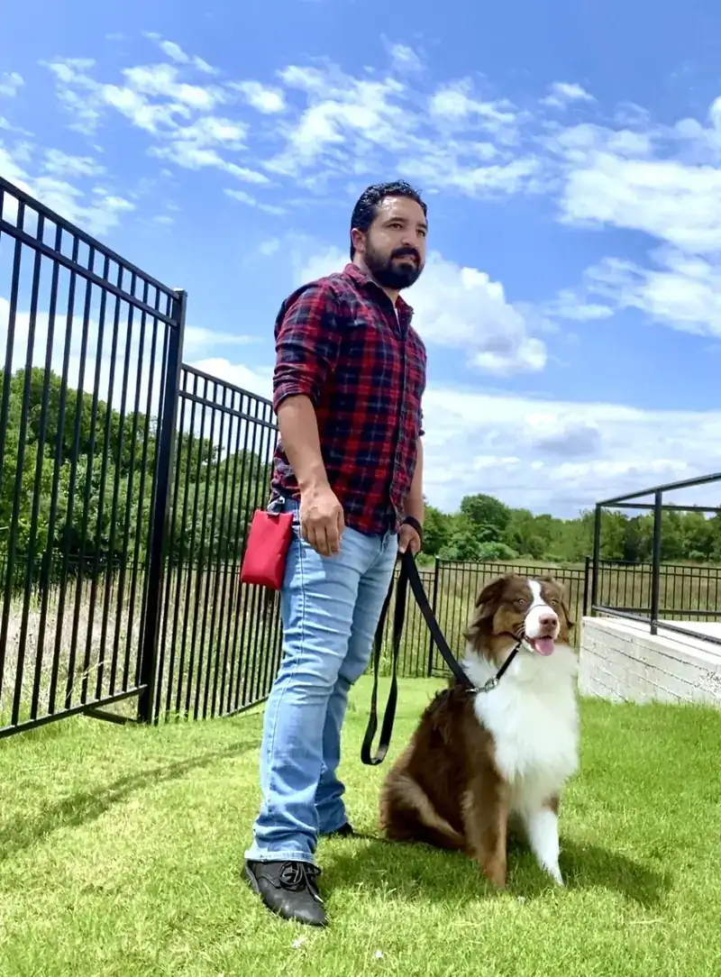 Dog walking calmly on leash at a distance during reactive dog training in Austin