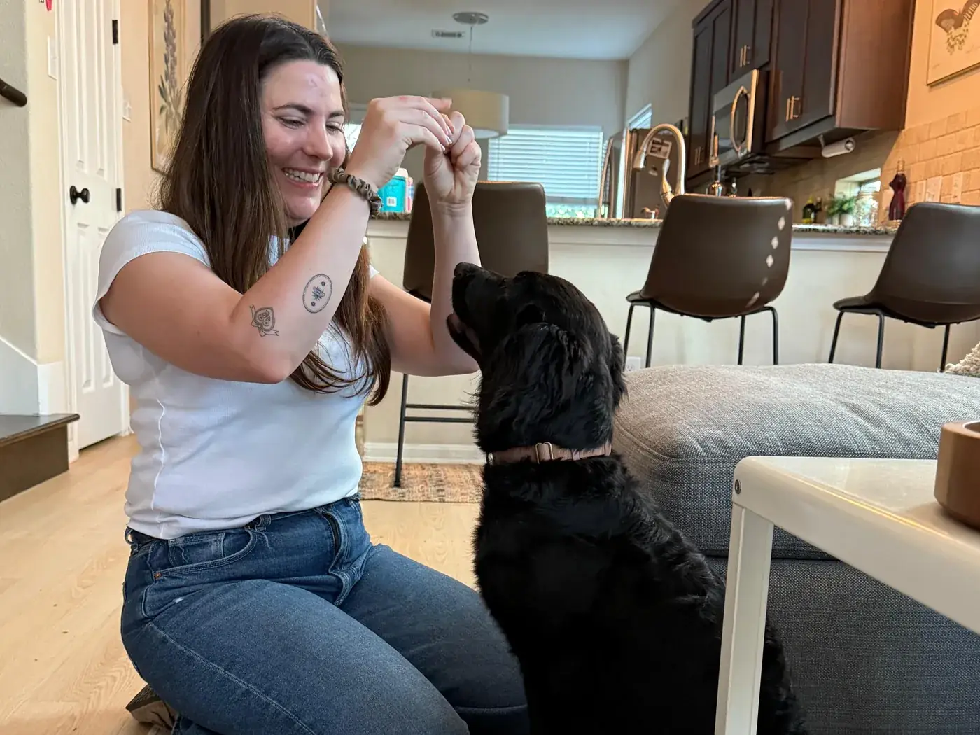Trainer teaching a black puppy to sit during in-home puppy training in Austin, TX