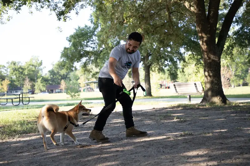 Trainer working with a dog outdoors during in-home dog training in North Austin