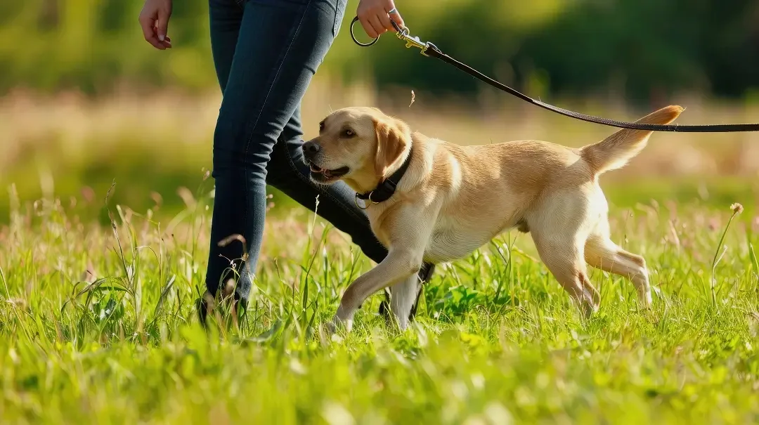 Dog walking calmly with owner during in-home dog training in South Austin, TX